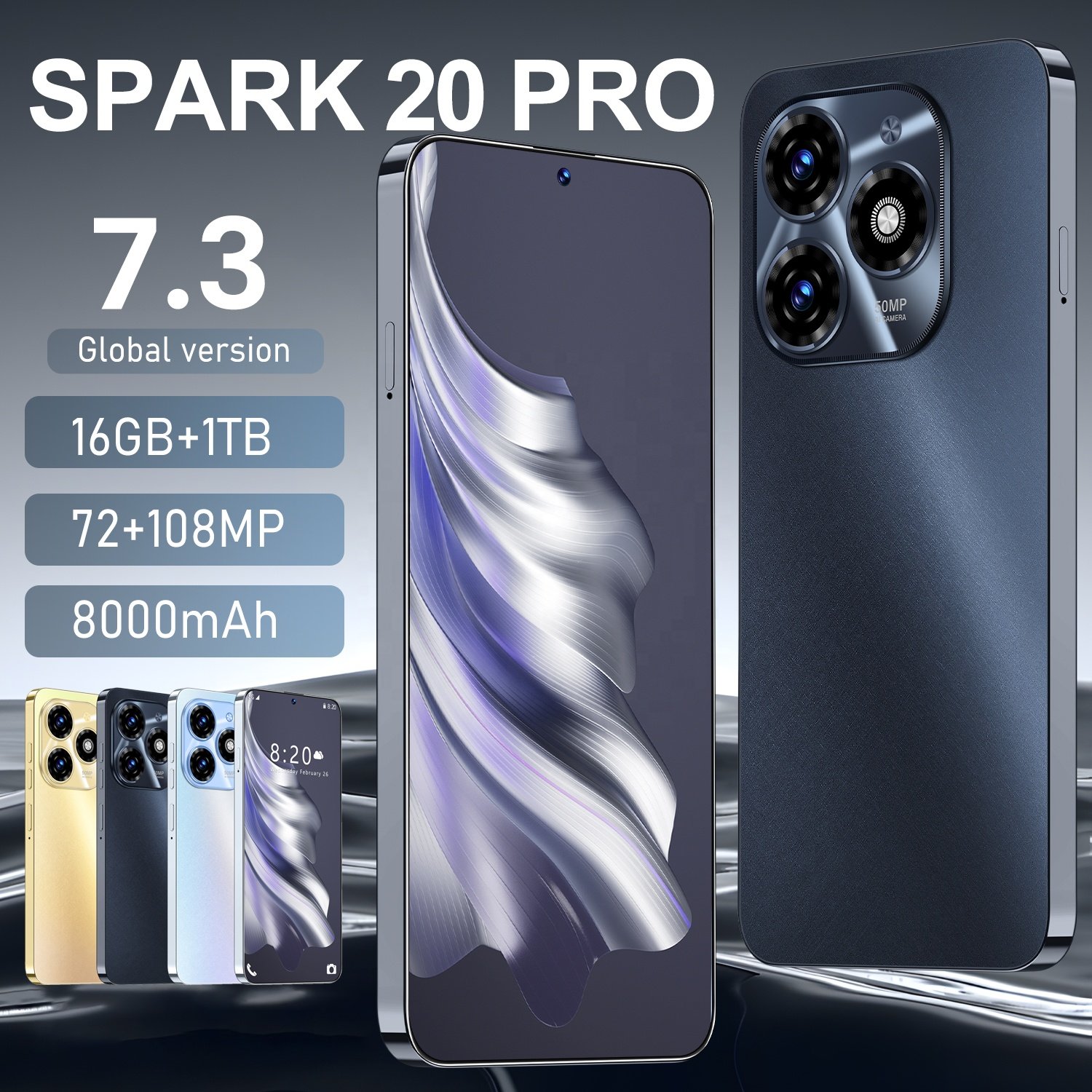 2024 New Smartphone 7.3 Inch Spark 20 Pro 16GB+1TB mobile phones Android 13 HD Camera Mobile Phone 5G Cellphone